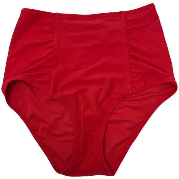 Aerie High Waisted Full Coverage Bikini Bottom Red Retro Side Ruching Size S NEW - Picture 1 of 9